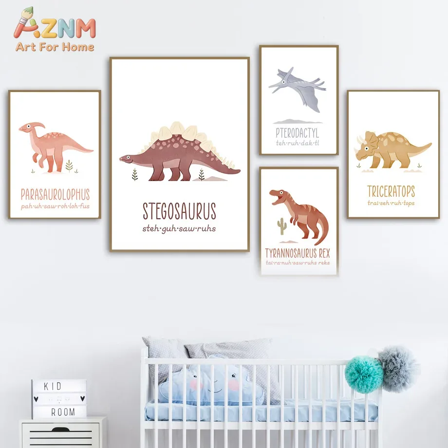 Kids Education Name - AZNM Leuke aquarel dinosaurus canvas wanddecoratie,